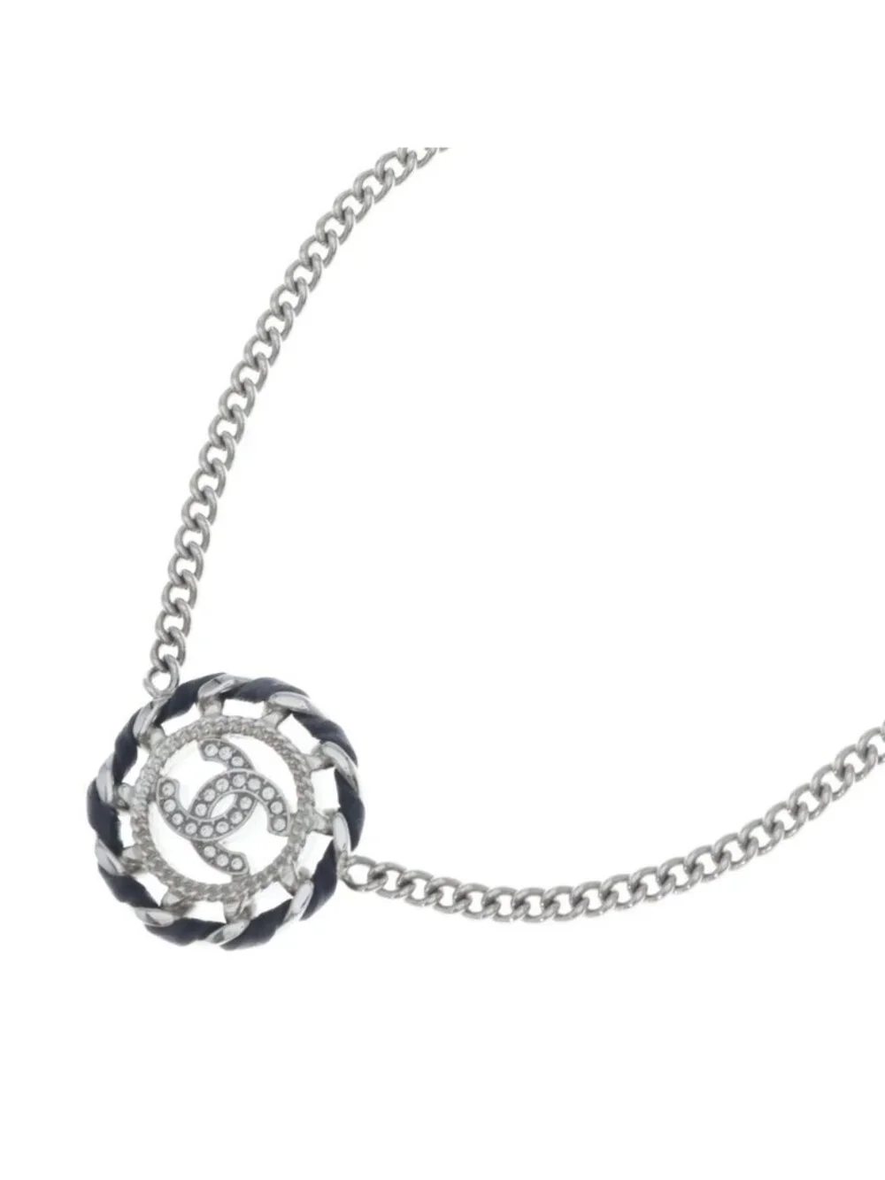Chanel CC Logo Round Rhinestone Leather Chain Necklace Silver 26c